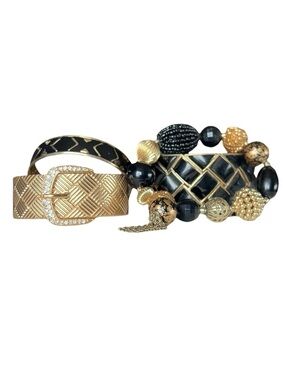 Black & Gold Beaded Stretch Bangle Stacking Bracelet Lot